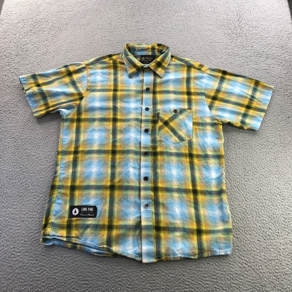 Vermont Flannel Co Shirt Mens XL Blue Yellow Plaid Lone Pine Brew Short Sleeve